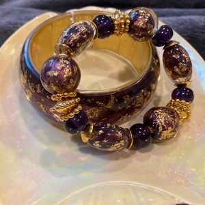 NWT Purple & Gold Bangle w/ Purple & Gold Chunky Beaded Bracelet